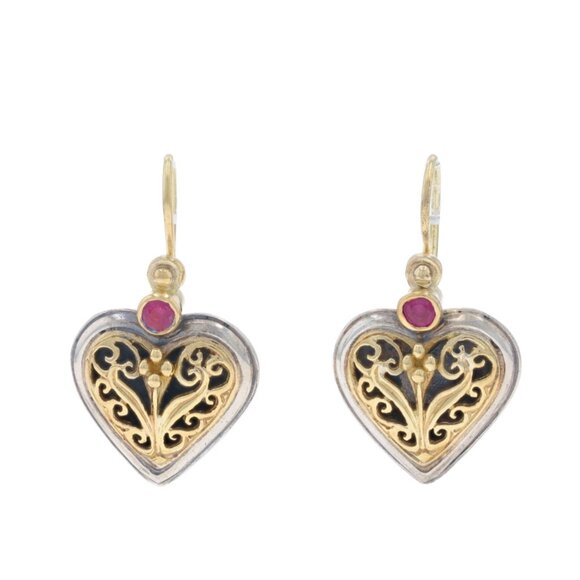 Konstantino Ruby Heart Scrollwork Drop Earrings 925 18k Round .30ctw Pierced - Picture 1 of 4